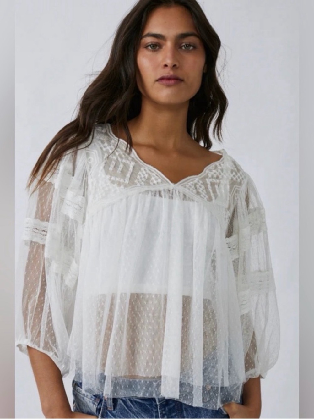 Free People Boho Floral Lace True Candy Top Size XS White Mesh Sheer Festival